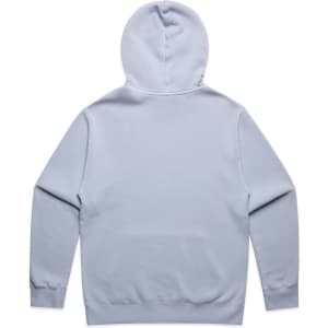 A light blue hoodie with a back view, featuring a hood and long sleeves. It has a brand logo.