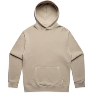 A beige hoodie featuring a front pocket and a hood, with a small logo on it.