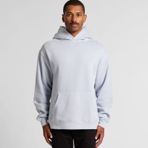 A light blue hoodie with a front pocket, featuring a hood and a simple design. It has a logo present.