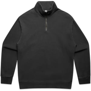 A black half-zip jacket with long sleeves and a high collar, featuring a zippered neckline and a logo.