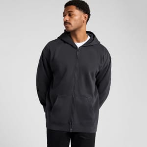 A dark grey zip-up hoodie with a hood, featuring a front pocket and a minimalist design.
