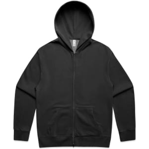 A black zip hoodie with a spacious hood and front pockets, featuring a logo on the label.