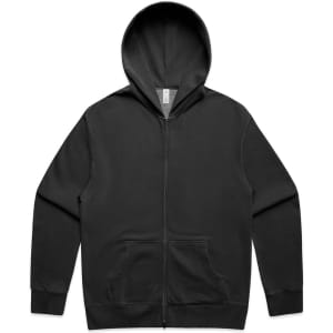 A black zip-up hoodie featuring a hood, long sleeves, and a front pouch pocket. It has a logo on the label.