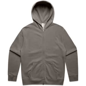 A zip-up hoodie in a faded olive green colour with a kangaroo pocket and a hood. It features a logo.