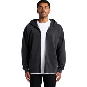 A casual black zip-up hoodie with a hood, featuring a relaxed fit and front pockets.