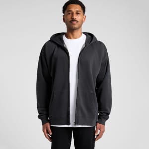 A dark grey zip hoodie featuring a front zip closure and a hood, with a logo on the front.