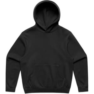 A black hoodie with a front pocket and a spacious hood. The product features a logo.