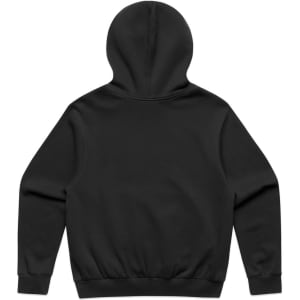 A black hoodie with a kangaroo pocket, featuring a plain back and a comfortable fit. It has a logo on it.