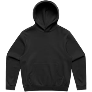 A black hoodie featuring a front pouch pocket and a drawstring hood, with a logo present.