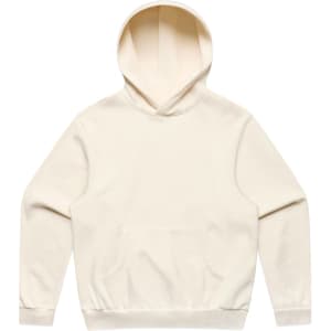 A cream-coloured hoodie featuring a front pocket and an attached hood, designed with a simple style.