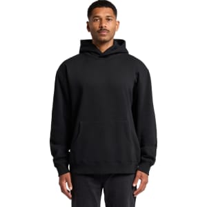 A black hoodie with a front pocket and a hood, featuring a logo on the front.