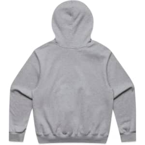 A grey hoodie featuring a full back design and a hood. It includes a branding logo.