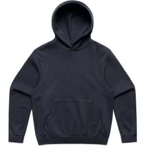 A black hoodie with a front pocket and a spacious hood, featuring a branding logo.