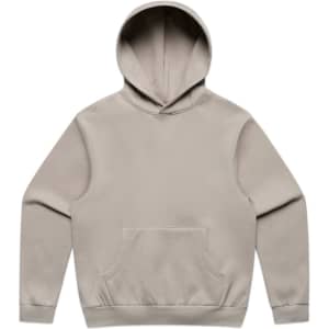 A light beige hoodie featuring a front pocket and a hood, with a logo on the chest.