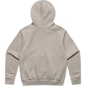 A back view of a light grey hoodie with a fitted waist and a hood, featuring a simple design and a logo.