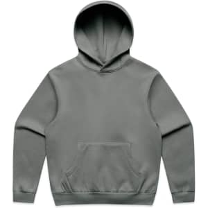 A grey hoodie with a front pocket and a hood. The garment has a simple design and features a logo.