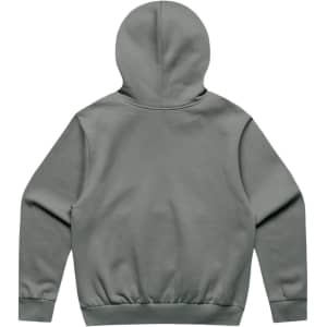 A grey hoodie with a hood and ribbed cuffs, featuring a plain design and a logo on the back.