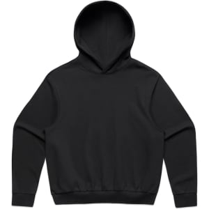 A black jumper featuring a hood and long sleeves, with a fitted waistband and cuffs. It has a logo.