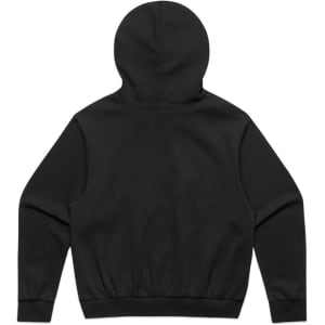 A black jumper featuring a hood and a fitted waistband at the bottom, with a plain back design.