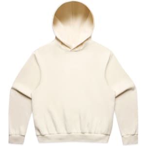 A cream hoodie with a spacious hood and relaxed fit, featuring a ribbed waistband and cuffs. Includes a logo.