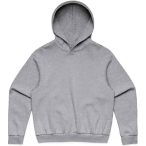 A grey jumper with a hood, featuring a fitted waistband and long sleeves. Includes a logo.