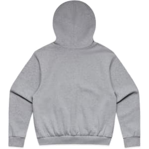 A grey jumper with a hood, featuring a ribbed hem and cuffs, viewed from the back.