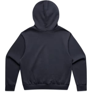 A black jumper with a hood, featuring a plain back design and long sleeves. It includes a branding logo.