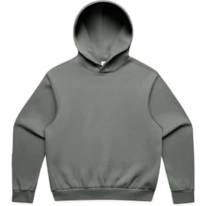 A grey hoodie with a hood, featuring long sleeves and a ribbed hem. It has a logo on the front.