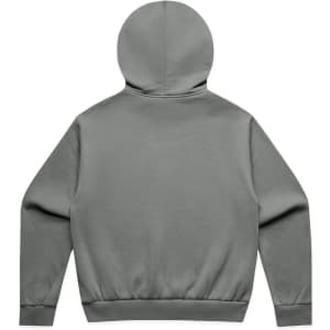 A grey hoodie with a rounded hood and ribbed hem, featuring no visible design elements on the back.