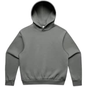 A grey hoodie without a front pocket, featuring a minimalist design and a brand logo.