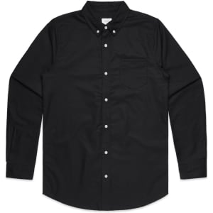 A black Oxford shirt with long sleeves, a button-down collar, and a chest pocket. It features a logo on the fabric.