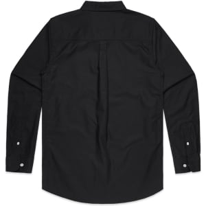 A black button-up Oxford shirt with long sleeves and a back yoke detail. The shirt features a branded tag.