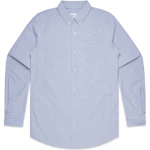 A light blue button-up Oxford shirt with long sleeves and a chest pocket. The shirt features a logo.