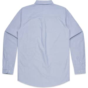 A light blue button-up shirt with long sleeves and a back yoke design, featuring a logo.