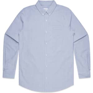 A light blue button-up Oxford shirt with long sleeves and a chest pocket. It features a logo on the collar.