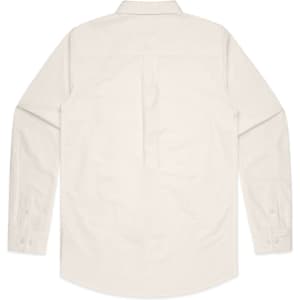 A beige button-up Oxford shirt featuring long sleeves and a back pleat. It includes a logo detail.