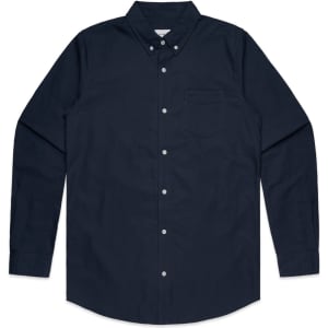 A navy Oxford shirt with long sleeves, a button-up front, and a single chest pocket. Features a logo.