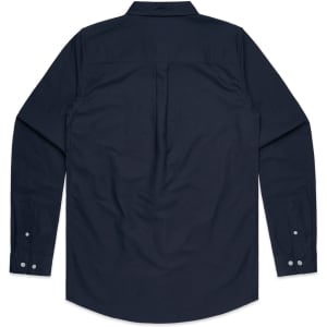 A navy blue button-up Oxford shirt, featuring long sleeves and a collar, with a plain back design and a logo.