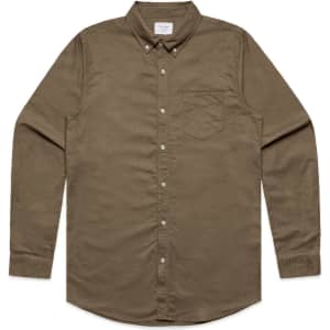A button-up Oxford shirt in olive green, featuring a collar and a single chest pocket. It has a logo on the label.
