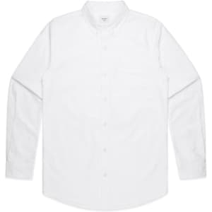 A white button-up shirt with long sleeves and a front pocket, featuring a logo.