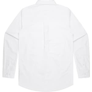 A white button-up Oxford shirt with long sleeves and a back pleat, featuring a logo on the label.
