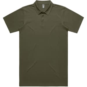 An olive green polo shirt with a collar and three buttons, featuring a logo.