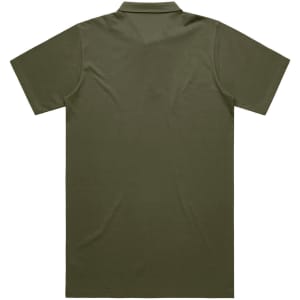 A plain olive green polo shirt featuring a collar and short sleeves, with a branding logo on the back.
