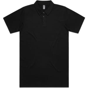 A black polo shirt with a collar and three-button placket, featuring a logo on the chest.