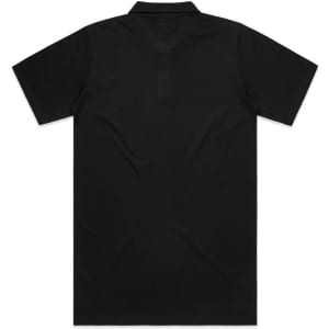 A black polo shirt featuring short sleeves and a collar, with a logo on the back.