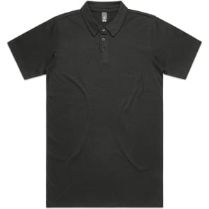 A black polo shirt with a collar and three button placket. The shirt has a logo on it.