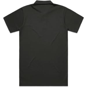 A black polo shirt featuring a collar and short sleeves, with a plain back and a logo.