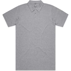 A grey polo shirt with a collar, featuring three buttons and a logo on the chest.