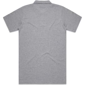 A grey polo shirt featuring a collar and short sleeves, with a logo on the front. The back is plain.