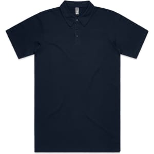 A navy blue polo shirt featuring a collar and a logo. The shirt has short sleeves and a classic fit.